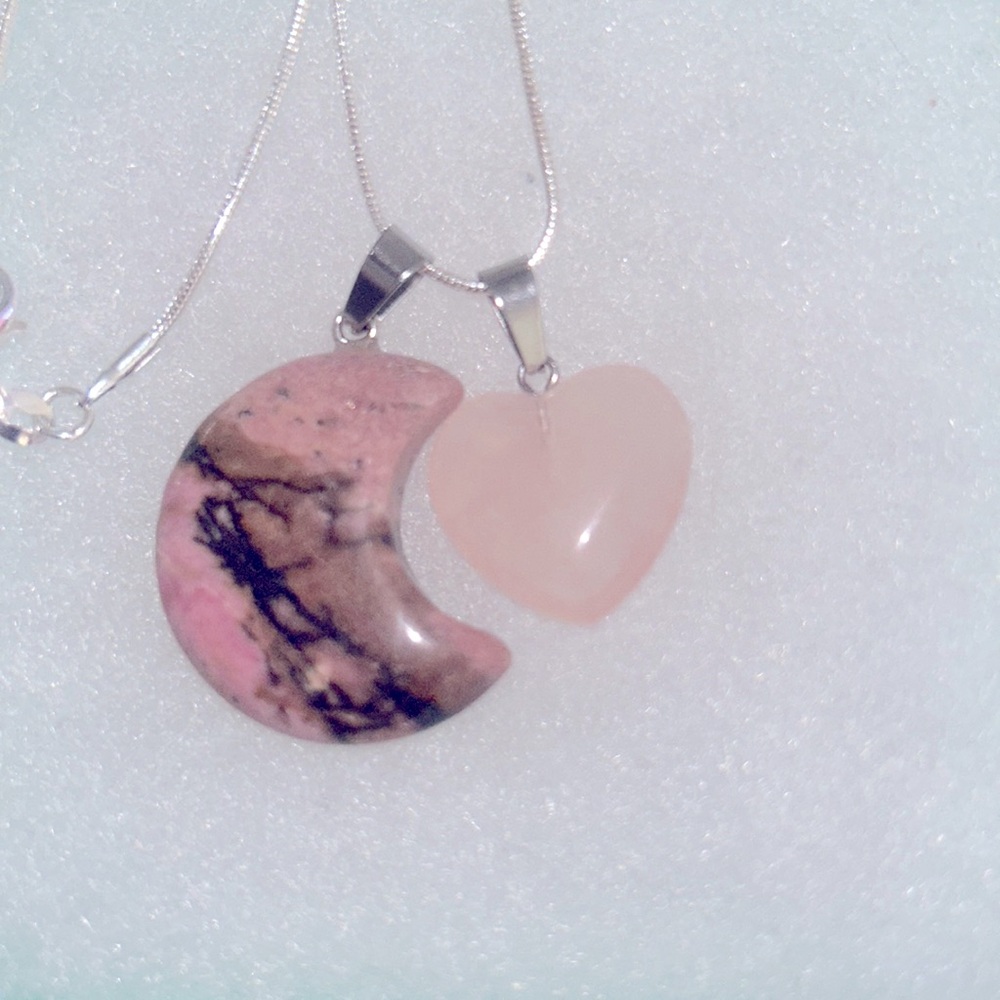 Boho hippie Rose Quartz heart and Rhodonite Moon 🌙 sterling silver neckla…
